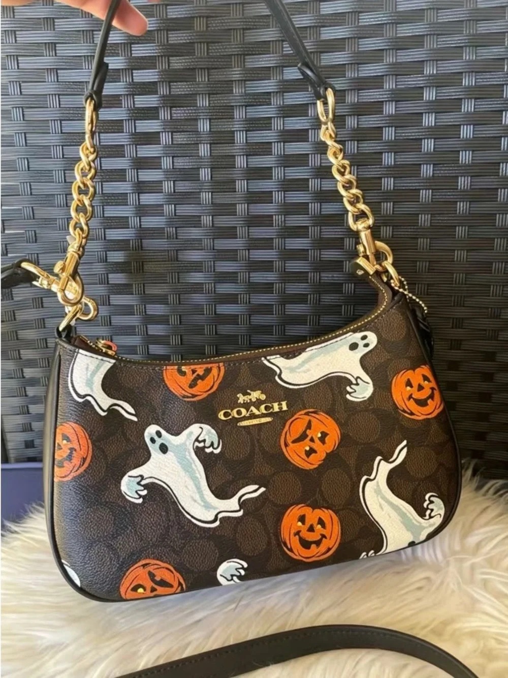 Coach Brown Leather-Trim Shoulder Bag with White Ghosts & Orange Pumpkins